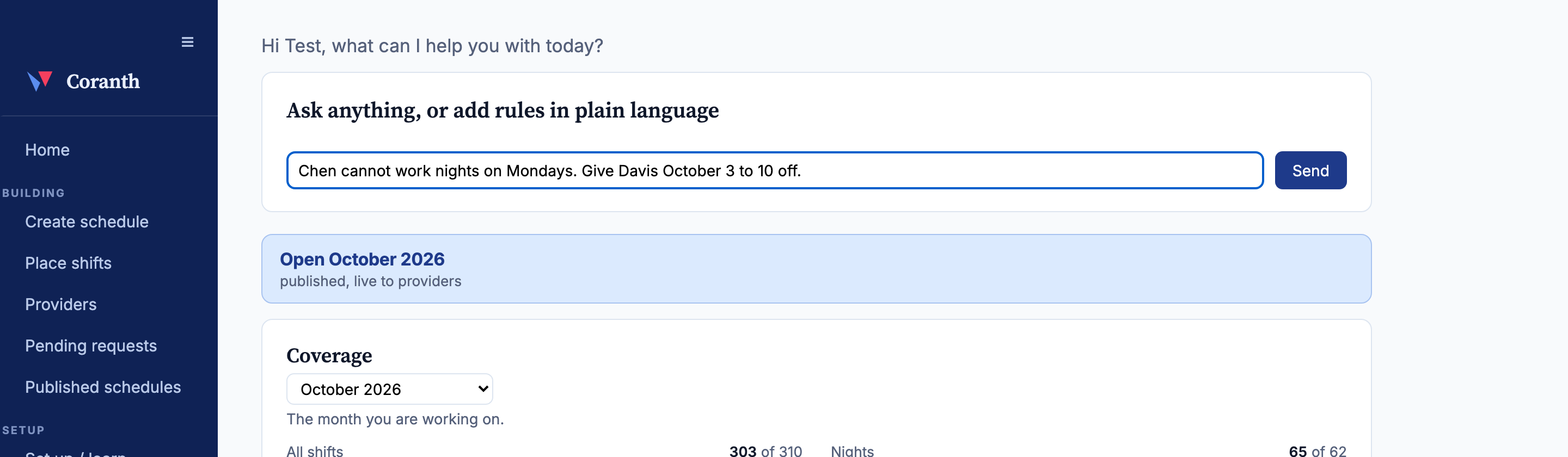 The Coranth home page with a scheduling rule typed in plain language