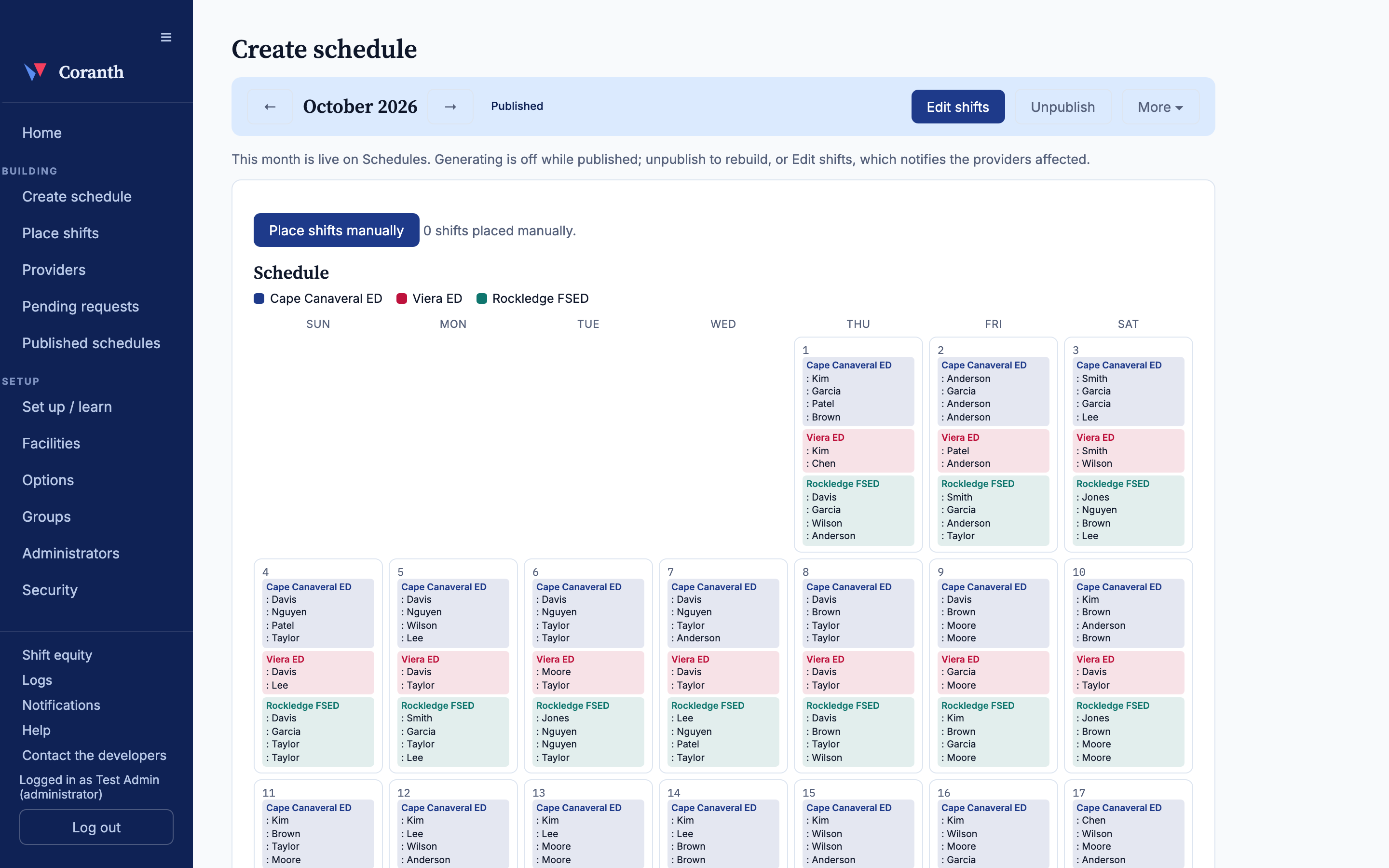 A generated month on the Create schedule page