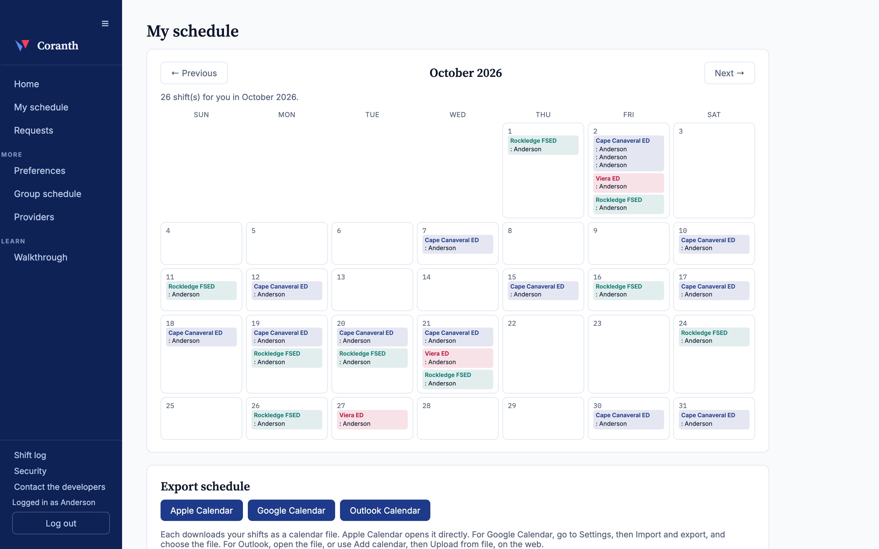 A provider's own published month with export buttons